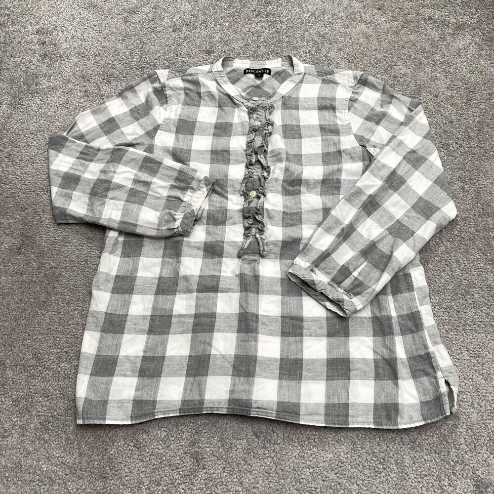 J. Crew Mercantile Ruffle Button Up Blouse Womens XS Gray White Check Casual Top